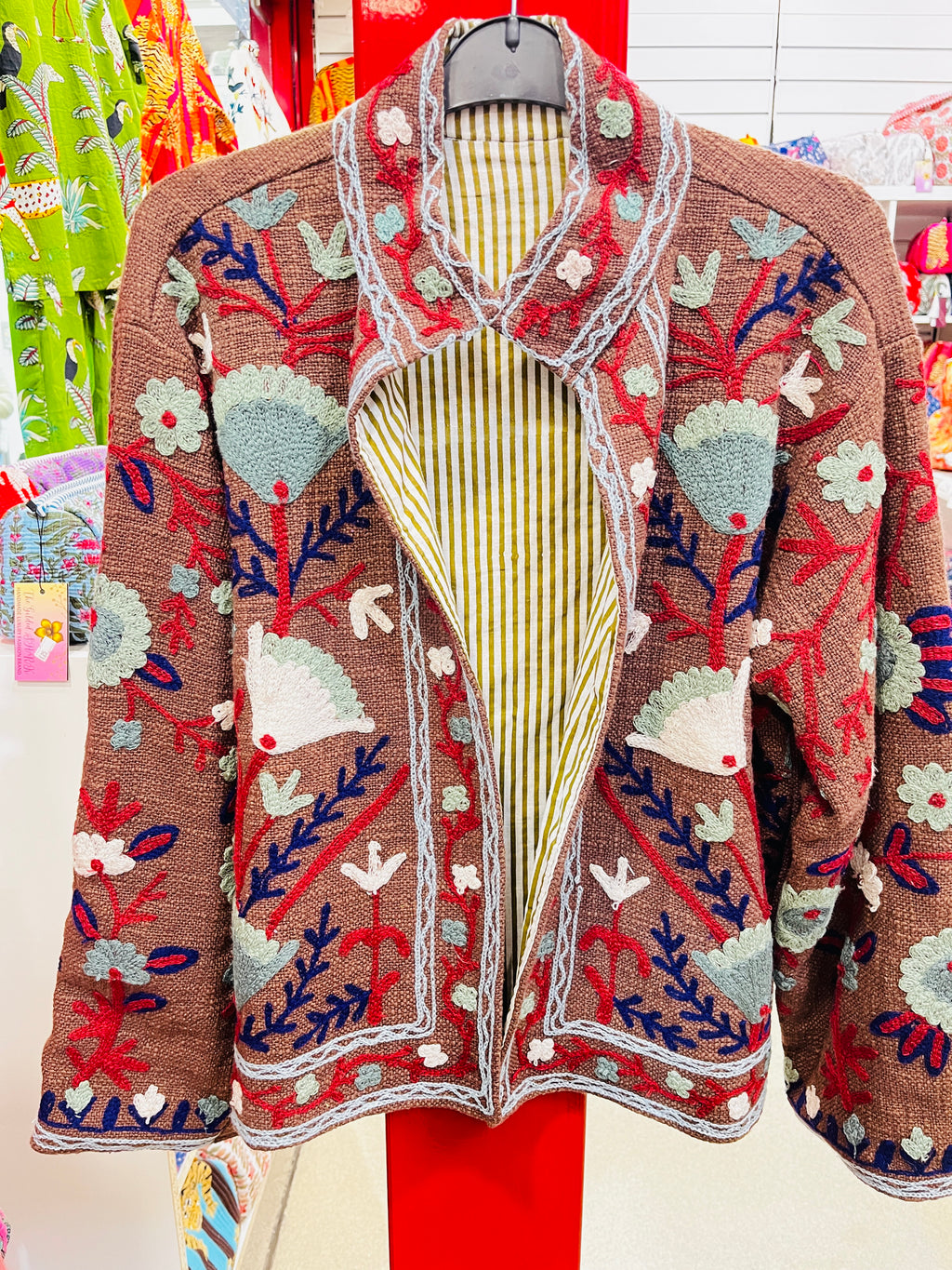 Women's handcrafted Suzani embroidery jacket - front view showing intricate traditional patterns